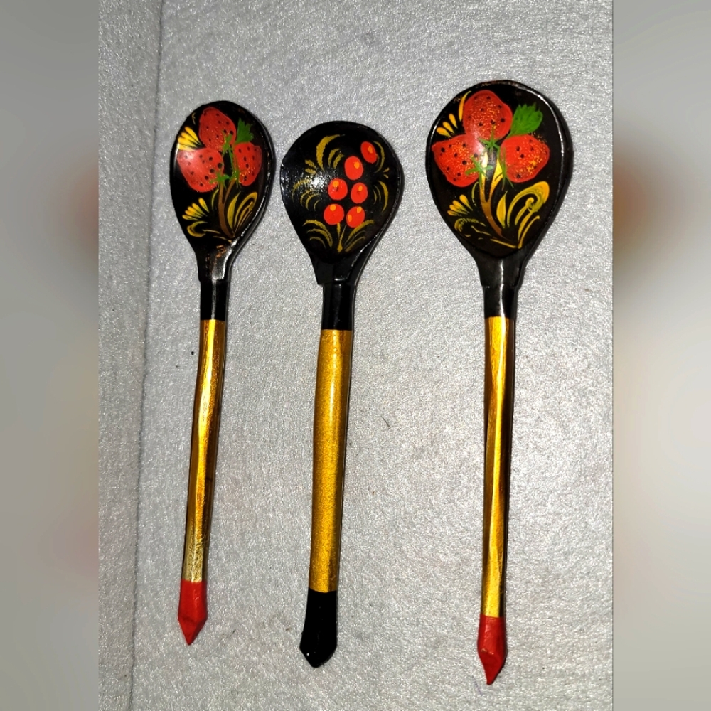 Vintage‎ Russian USSR Khokhloma Hand Painted Floral Lacquered Wooden Tea Spoons